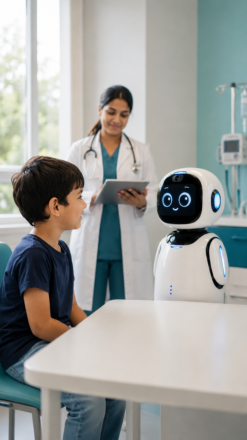 Robot in clinical setting with doctor and child